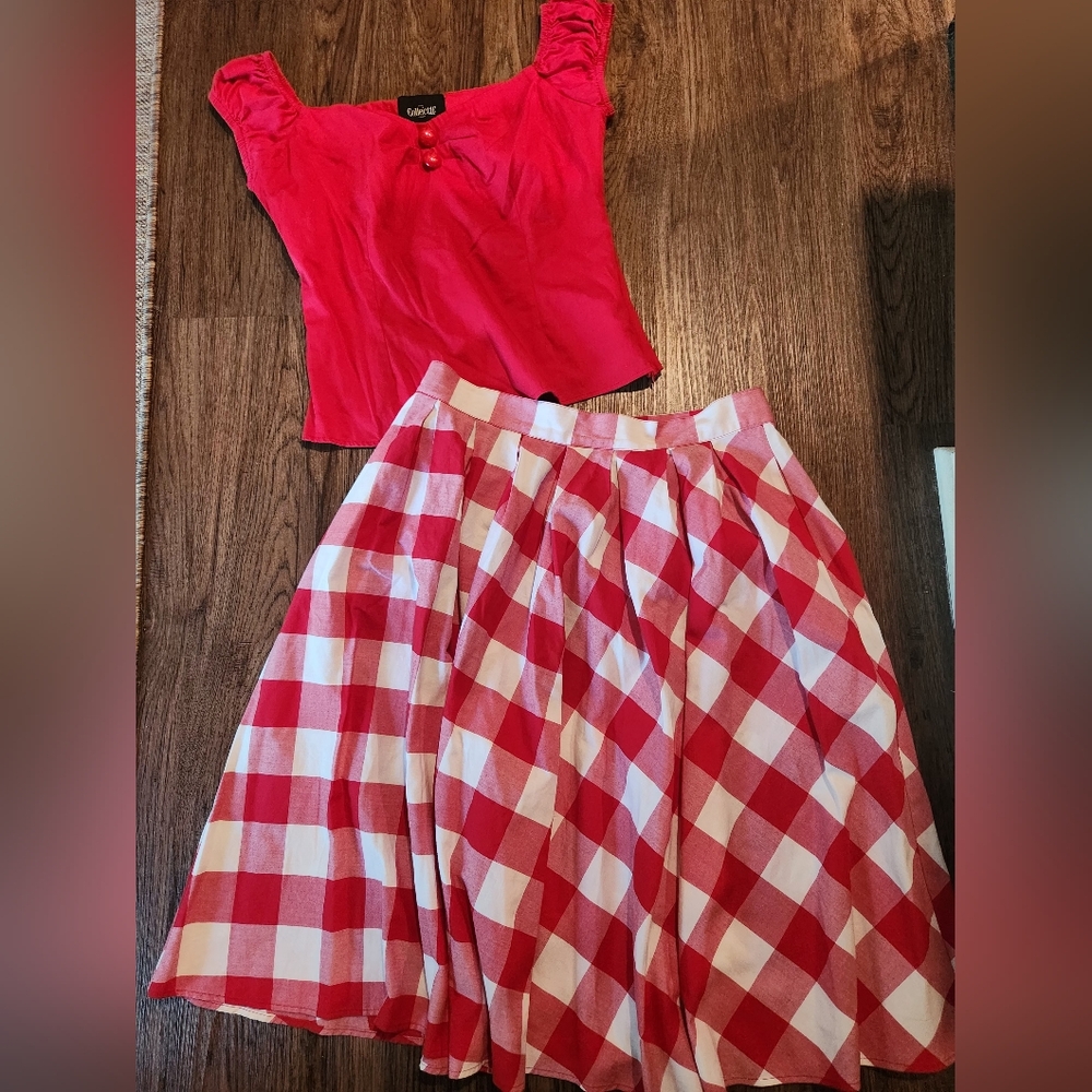Vintage-Inspired Red Gingham Pleated Skirt - No Brand Listed